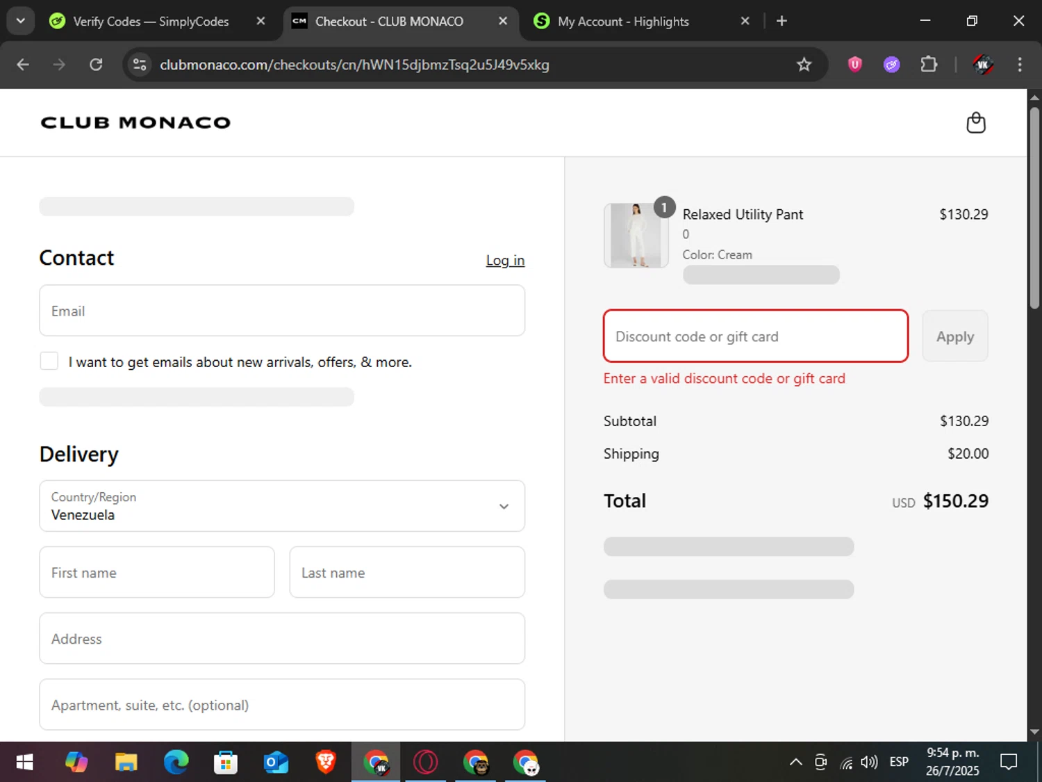Club Monaco promo code screenshot showing code ARCHIVESALE applied at Club Monaco checkout page. Uploaded by SimplyCodes community member TreasureAdmiral6867 on Jul 27, 2025