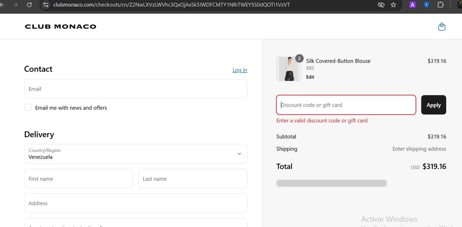 Club Monaco promo code screenshot showing code ARCHIVESALE applied at Club Monaco checkout page. Uploaded by SimplyCodes community member GloriousTitan3094 on Mar 15, 2025