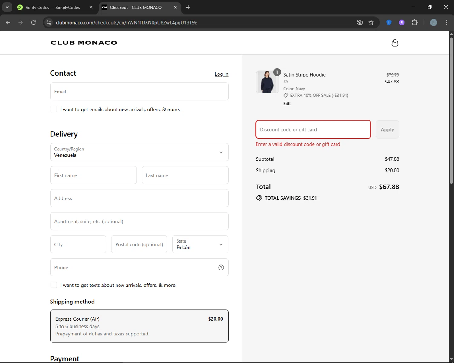 Club Monaco promo code screenshot showing code TAKE25%OFF applied at Club Monaco checkout page. Uploaded by SimplyCodes community member CashTracker4266 on Aug 11, 2025