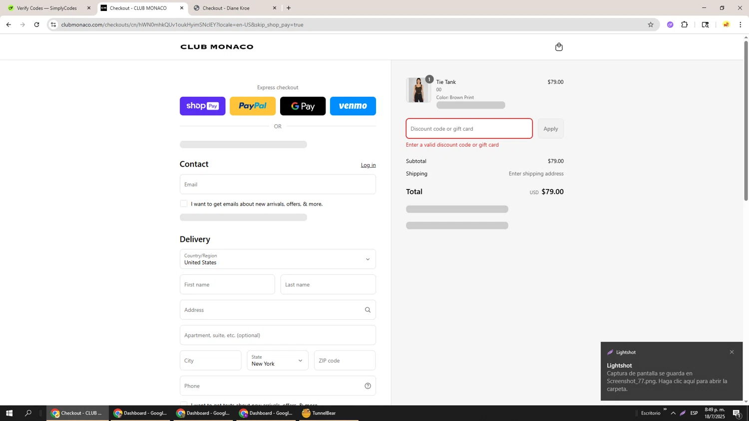 Club Monaco promo code screenshot showing code TAKE25%OFF applied at Club Monaco checkout page. Uploaded by SimplyCodes community member Richard251 on Jul 19, 2025
