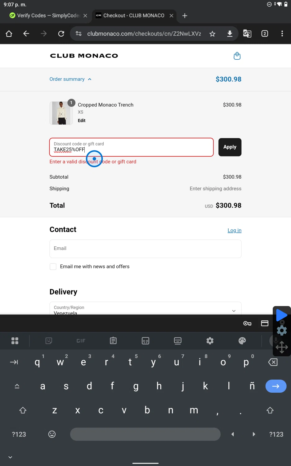 Club Monaco promo code screenshot showing code TAKE25%OFF applied at Club Monaco checkout page. Uploaded by SimplyCodes community member PennySaver9600 on Apr 14, 2025
