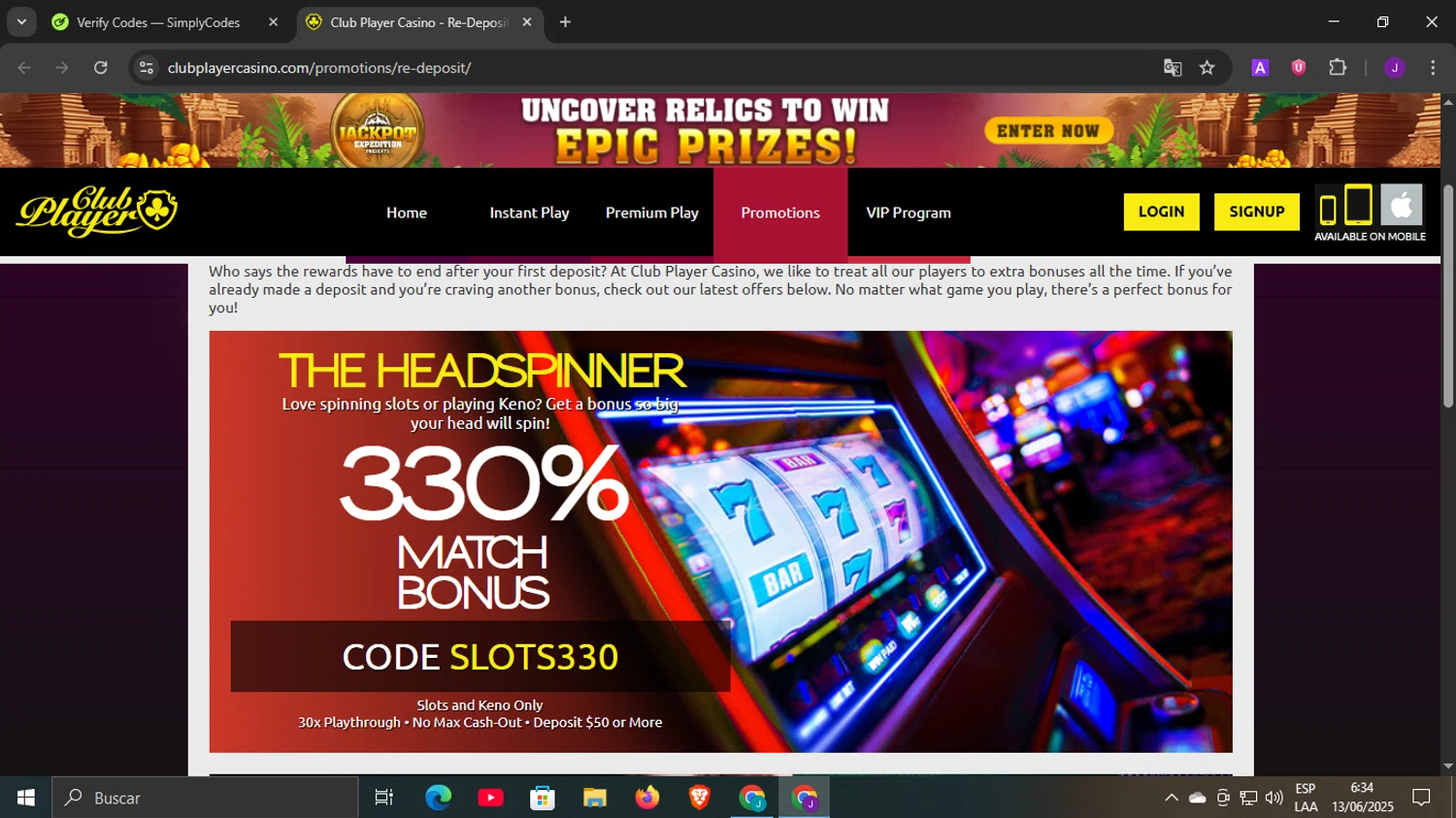 Club Player Casino coupon code screenshot showing code SLOTS330 applied at Club Player Casino checkout page. Uploaded by SimplyCodes community member DiscountLegend6670 on Jun 13, 2025