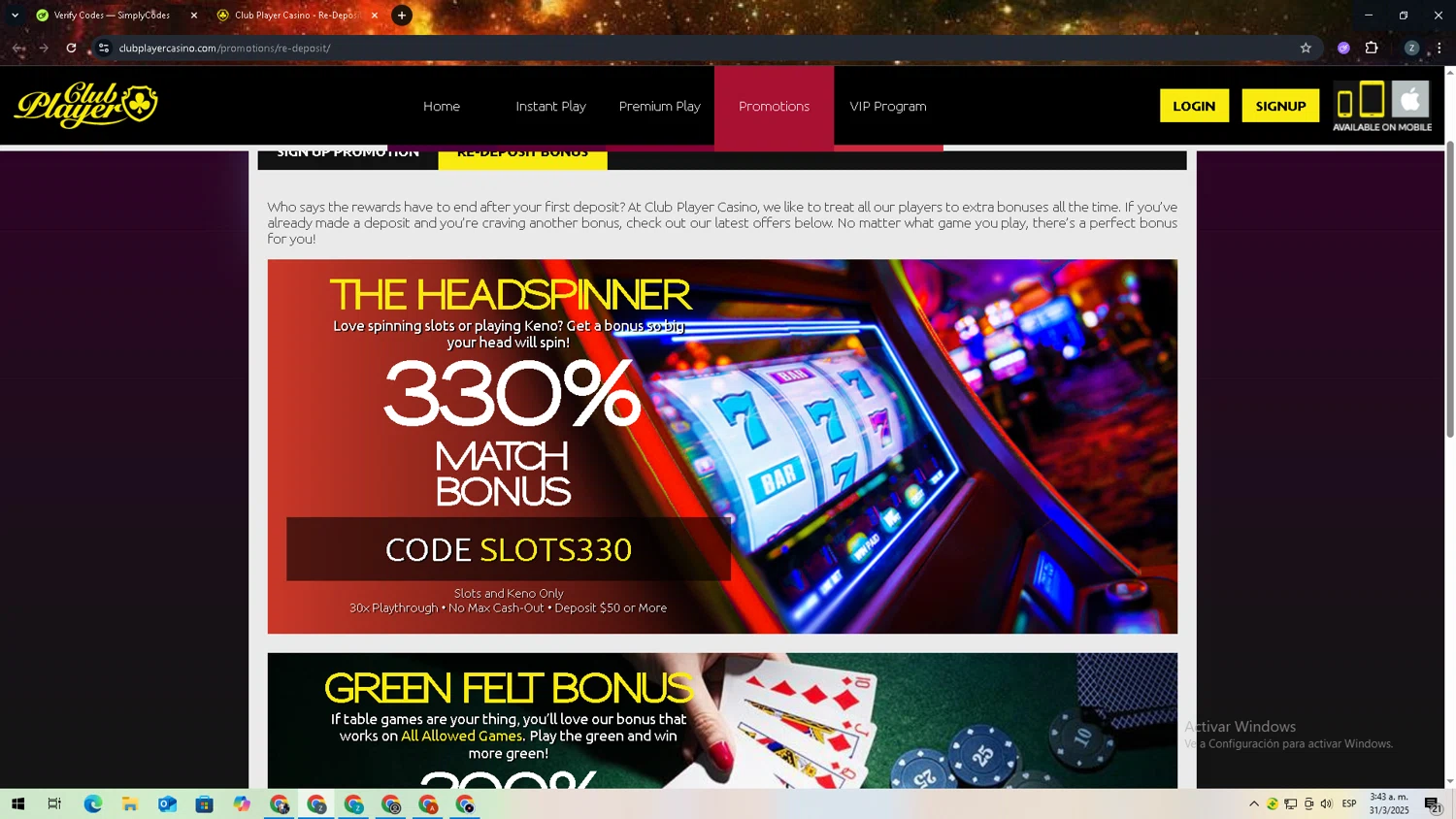 Club Player Casino coupon code screenshot showing code SLOTS330 applied at Club Player Casino checkout page. Uploaded by SimplyCodes community member zadquiel on Mar 31, 2025
