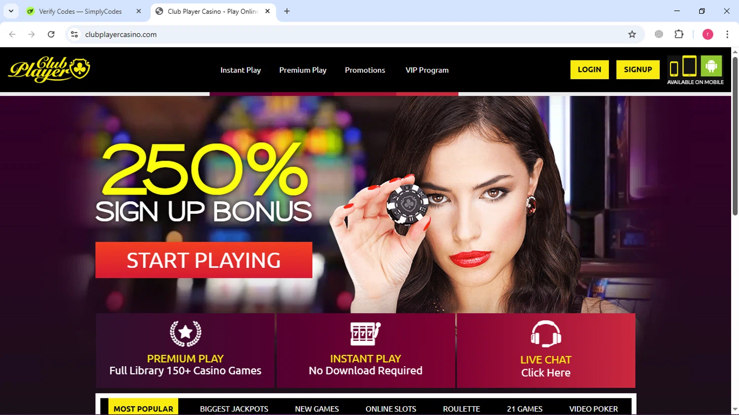 Club Player Casino coupon code screenshot showing code CLUB55 applied at Club Player Casino checkout page. Uploaded by SimplyCodes community member Ronny50 on Mar 19, 2025