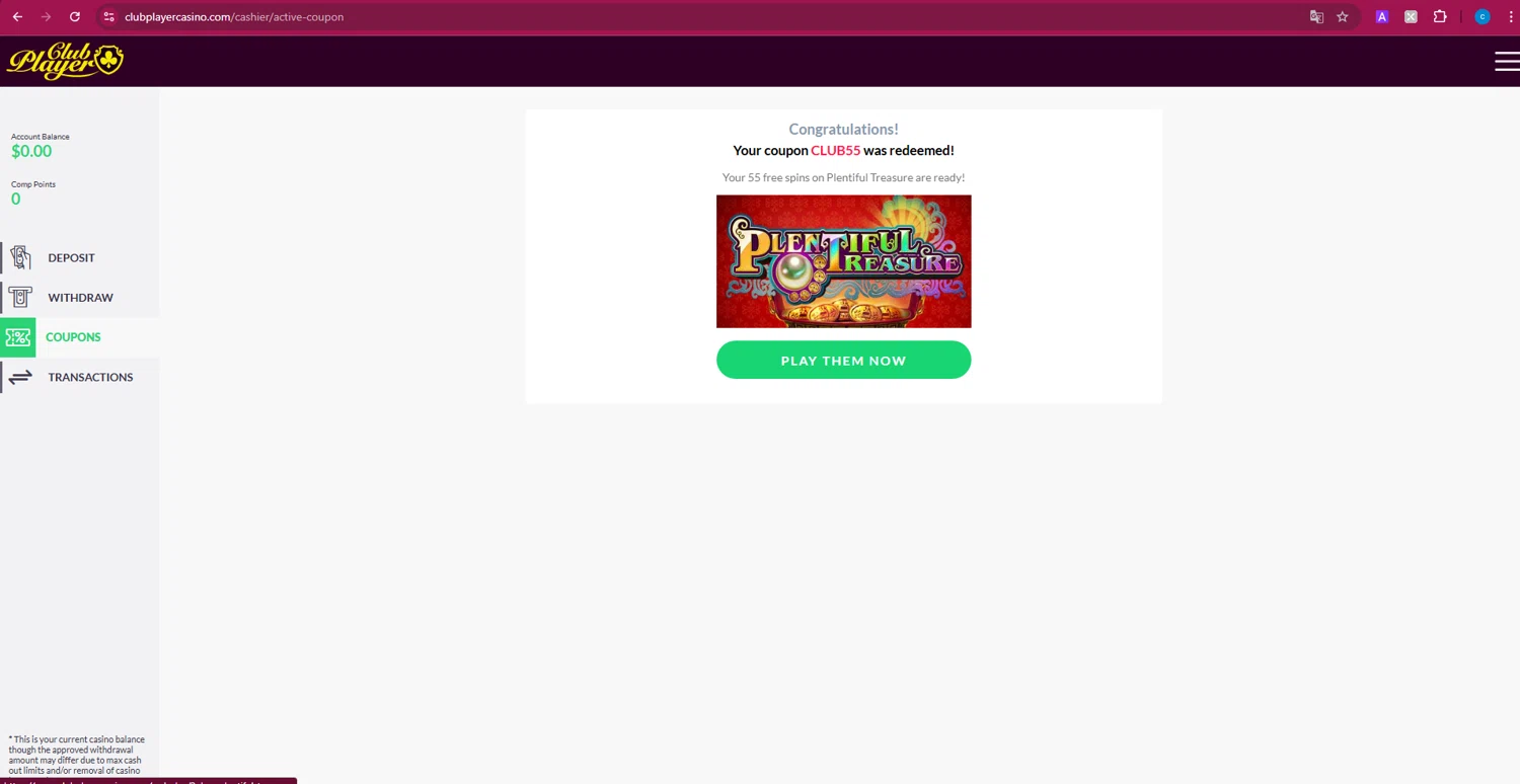 Club Player Casino coupon code screenshot showing code CLUB55 applied at Club Player Casino checkout page. Uploaded by SimplyCodes community member Turiderss on Mar 19, 2025