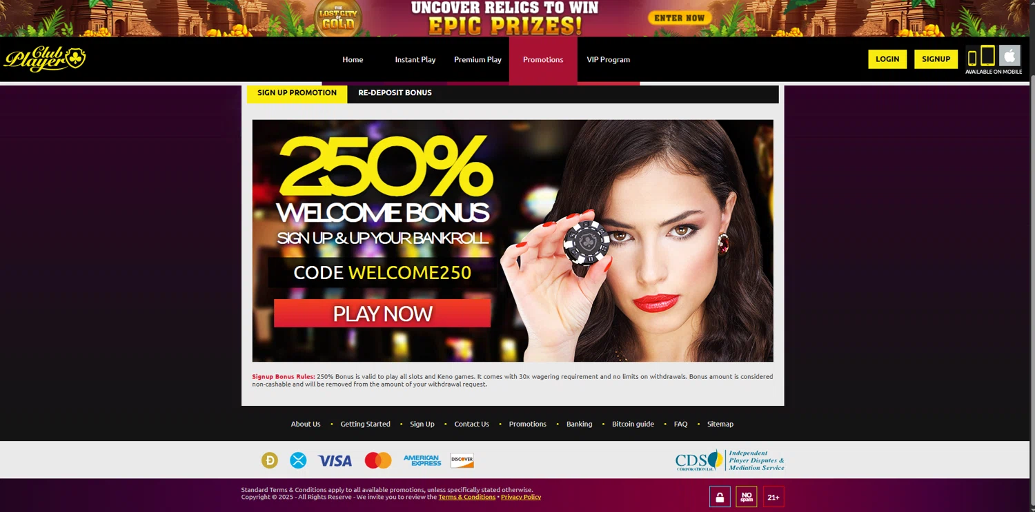 Club Player Casino coupon code screenshot showing code WELCOME250 applied at Club Player Casino checkout page. Uploaded by SimplyCodes community member BrilliantVoyager5752 on Jun 28, 2025