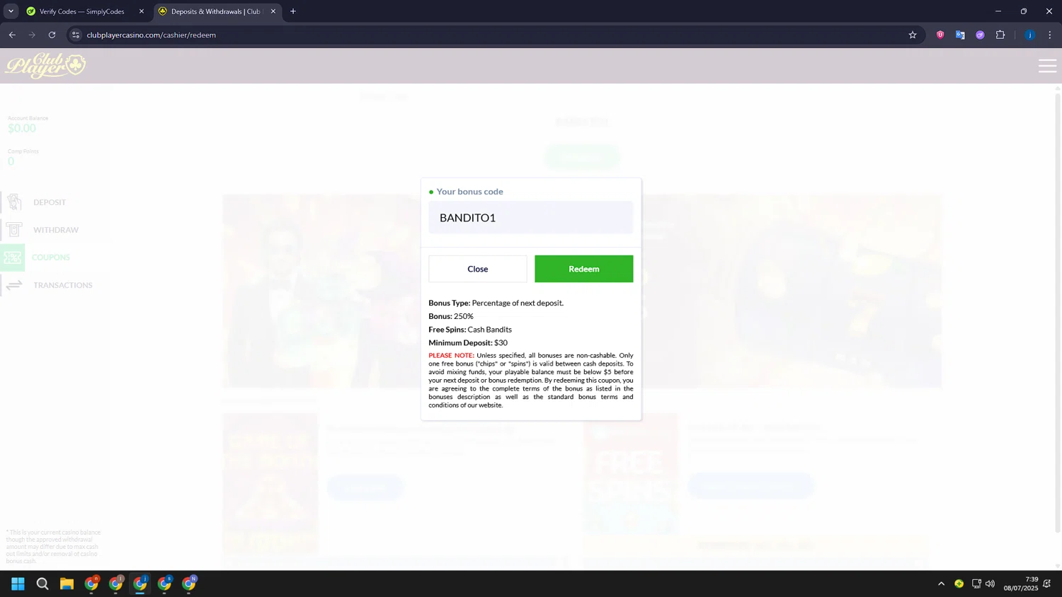 Club Player Casino checkout page showing Club Player Casino coupon code box | Screenshot taken by SimplyCodes community member on Jul 8, 2025