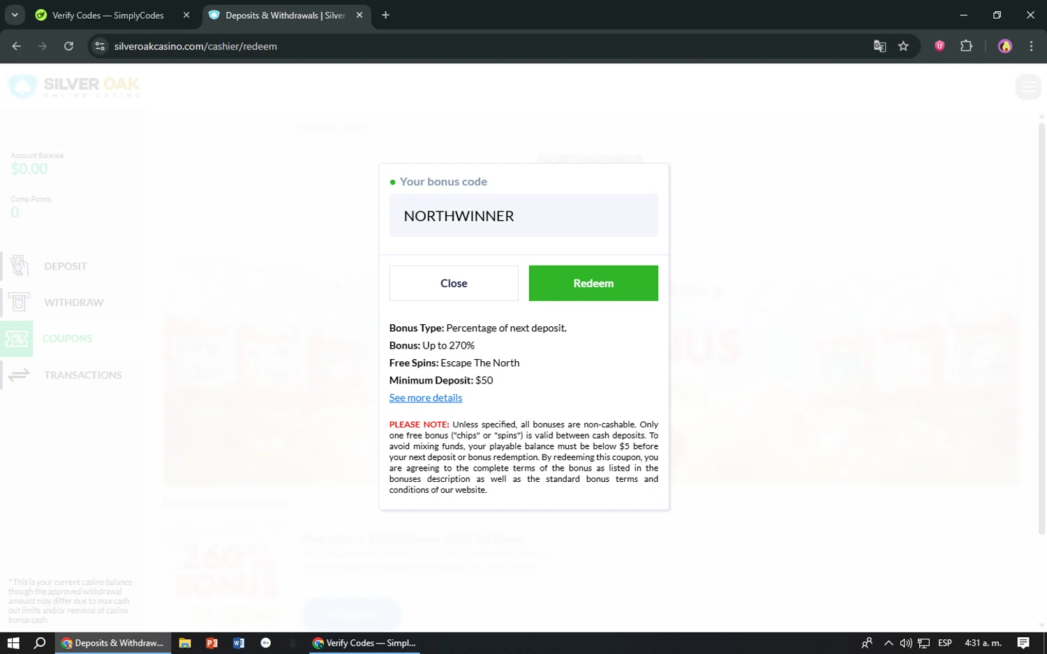Club Player Casino checkout page showing Club Player Casino coupon code box | Screenshot taken by SimplyCodes community member on Jul 9, 2025