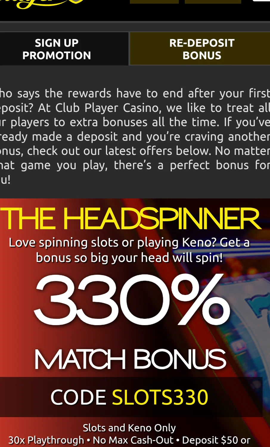 Club Player Casino coupon code screenshot showing code Slots330 applied at Club Player Casino checkout page. Uploaded by SimplyCodes community member chepipi on Feb 13, 2026