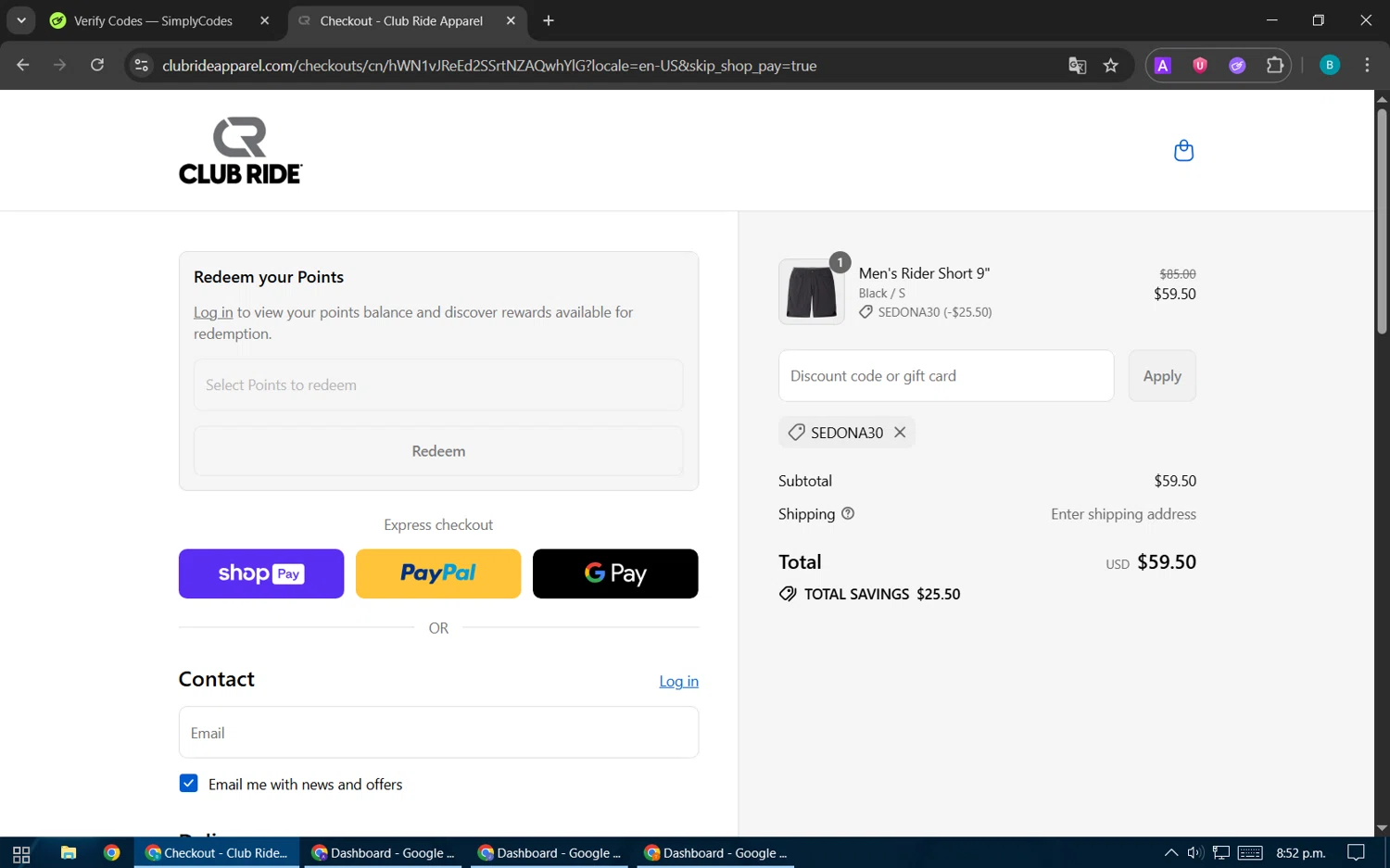 Club Ride Apparel discount code screenshot showing code SEDONA30 applied at Club Ride Apparel checkout page. Uploaded by SimplyCodes community member CleverPilot5845 on Aug 18, 2025