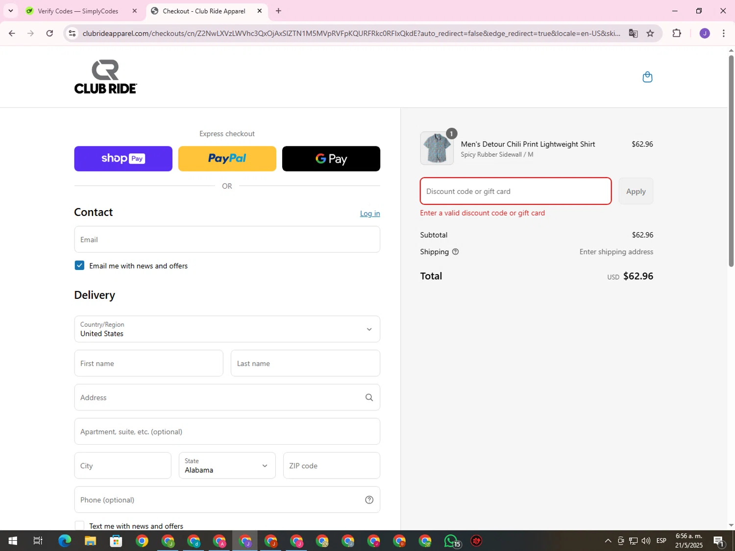 Club Ride Apparel discount code screenshot showing code Clint20 applied at Club Ride Apparel checkout page. Uploaded by SimplyCodes community member ValueHero2277 on May 21, 2025