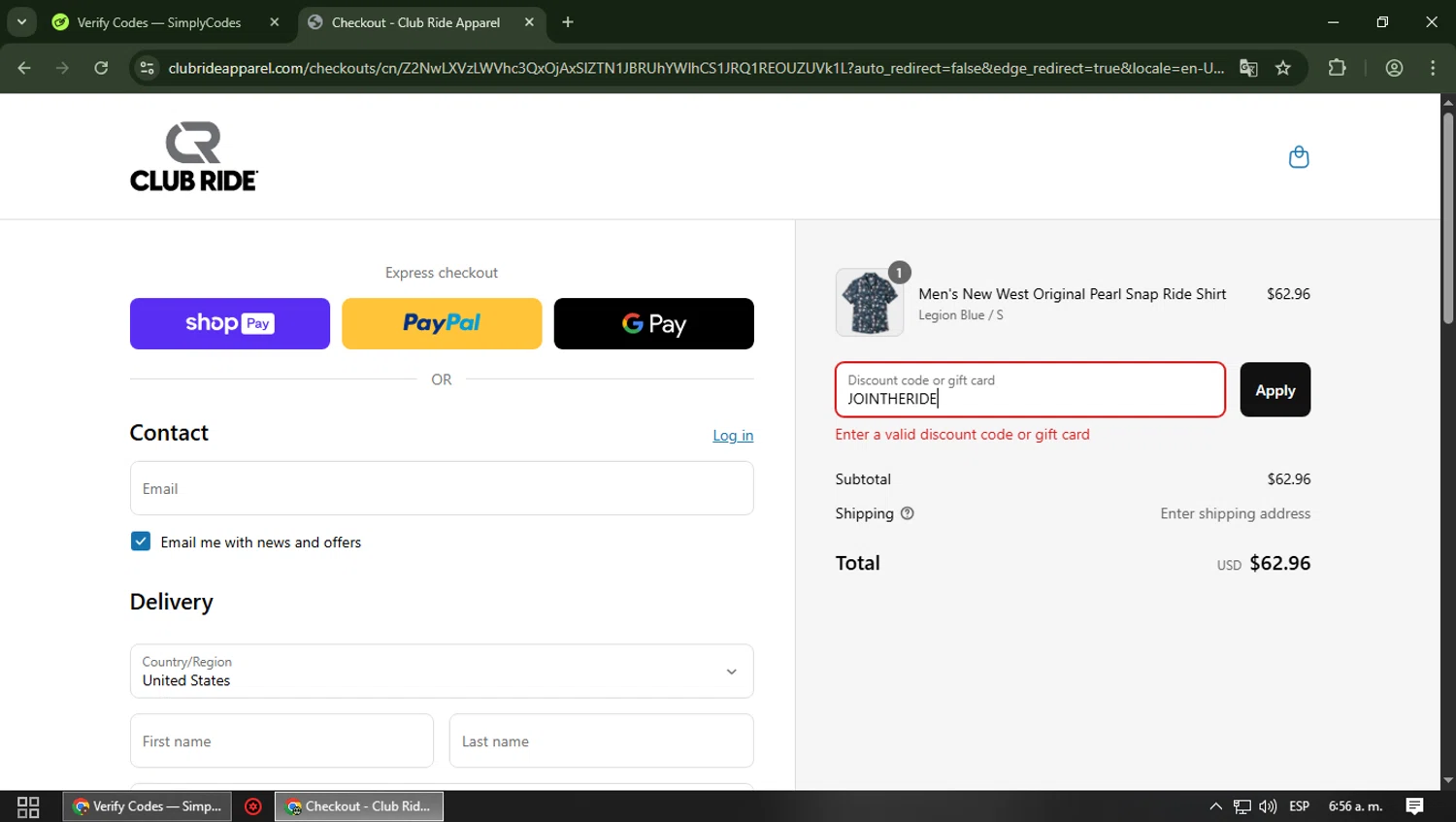 Club Ride Apparel discount code screenshot showing code JOINTHERIDE applied at Club Ride Apparel checkout page. Uploaded by SimplyCodes community member b3stia_1 on May 21, 2025