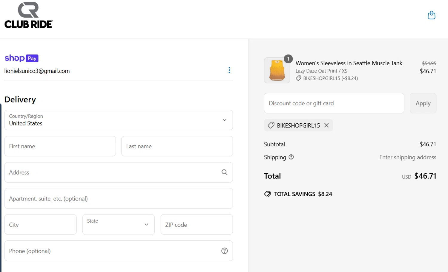 Club Ride Apparel discount code screenshot showing code BIKESHOPGIRL15 applied at Club Ride Apparel checkout page. Uploaded by SimplyCodes community member Lioniel on Jun 6, 2025