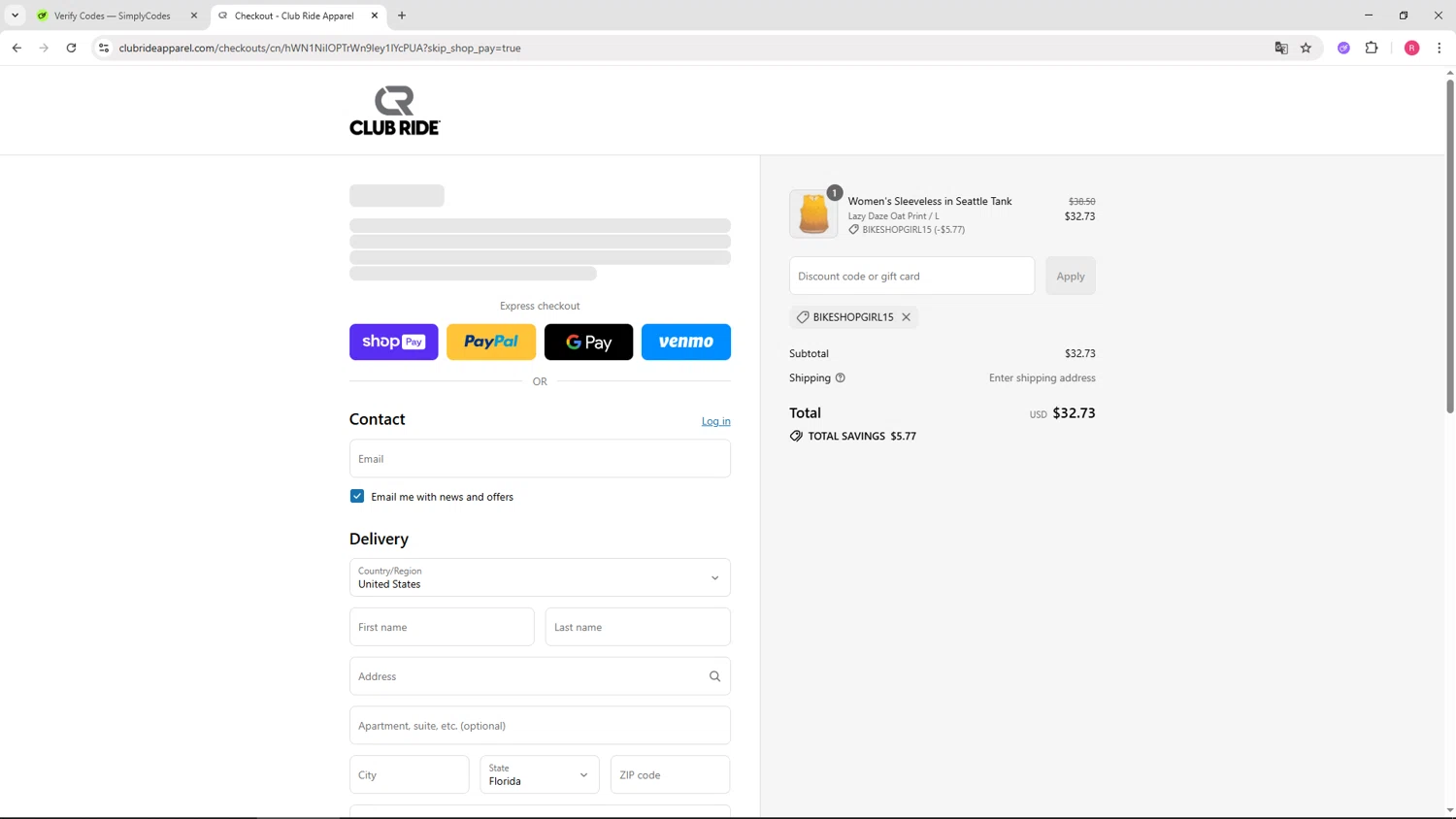 Club Ride Apparel discount code screenshot showing code BIKESHOPGIRL15 applied at Club Ride Apparel checkout page. Uploaded by SimplyCodes community member TTTT55 on Aug 3, 2025
