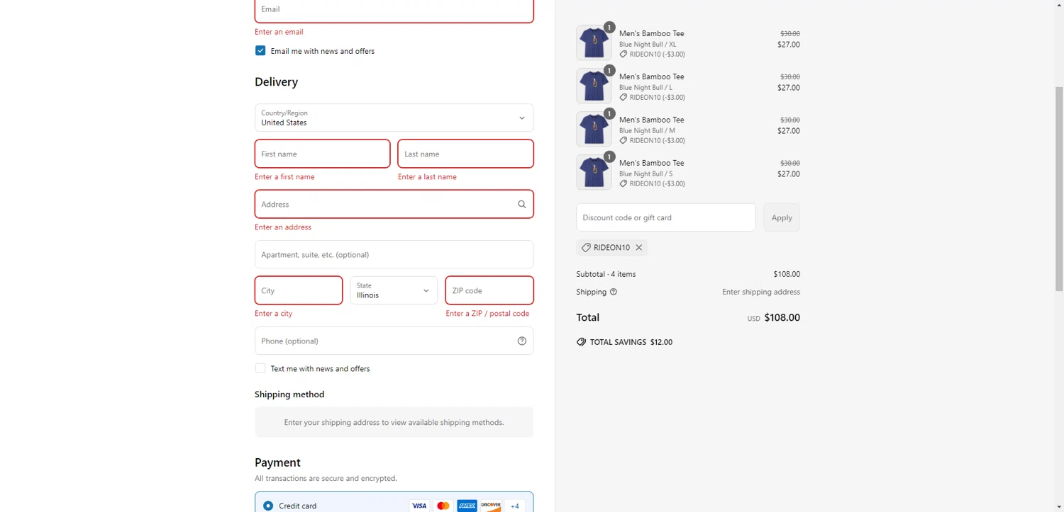 Club Ride Apparel discount code screenshot showing code RIDEON10 applied at Club Ride Apparel checkout page. Uploaded by SimplyCodes community member MagnificentTitan6986 on Jun 29, 2025