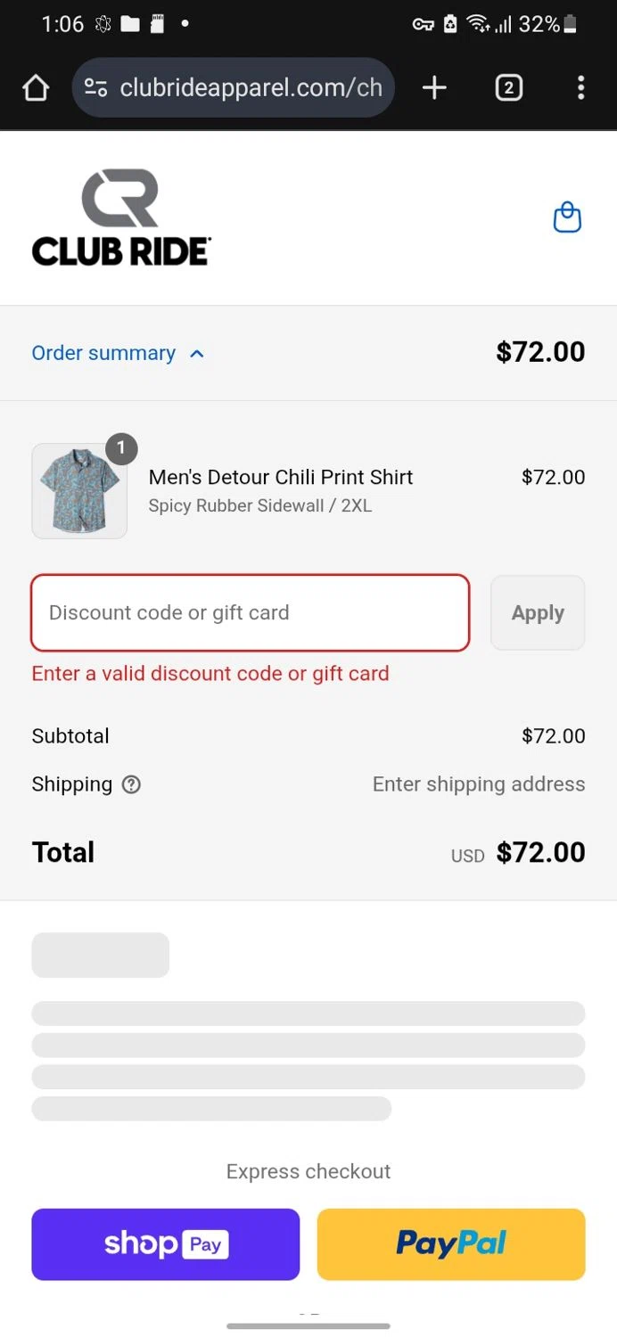 Club Ride Apparel discount code screenshot showing code gearup15 applied at Club Ride Apparel checkout page. Uploaded by SimplyCodes community member miguelcrast on Aug 25, 2025