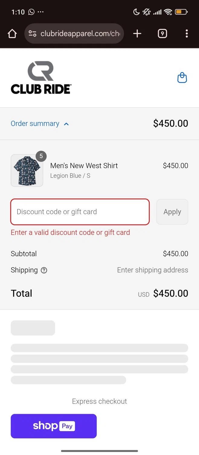 Club Ride Apparel discount code screenshot showing code gearup15 applied at Club Ride Apparel checkout page. Uploaded by SimplyCodes community member widdyto on Aug 25, 2025