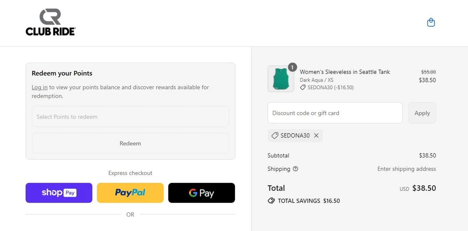 Club Ride Apparel discount code screenshot showing code SEDONA30 applied at Club Ride Apparel checkout page. Uploaded by SimplyCodes community member angelfigueroa2008 on Aug 18, 2025