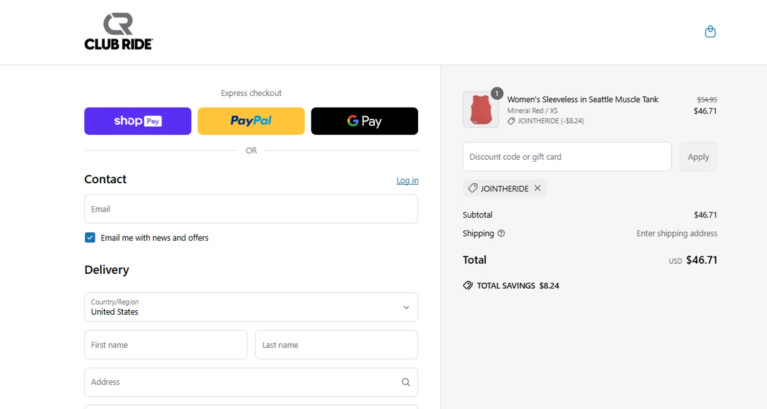 Club Ride Apparel discount code screenshot showing code jointheride applied at Club Ride Apparel checkout page. Uploaded by SimplyCodes community member ylenisjordan on Jun 21, 2025