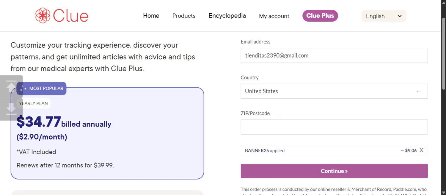 Clue Period promo code screenshot showing code BANNER25 applied at Clue Period checkout page. Uploaded by SimplyCodes community member 111111 on Nov 2, 2025