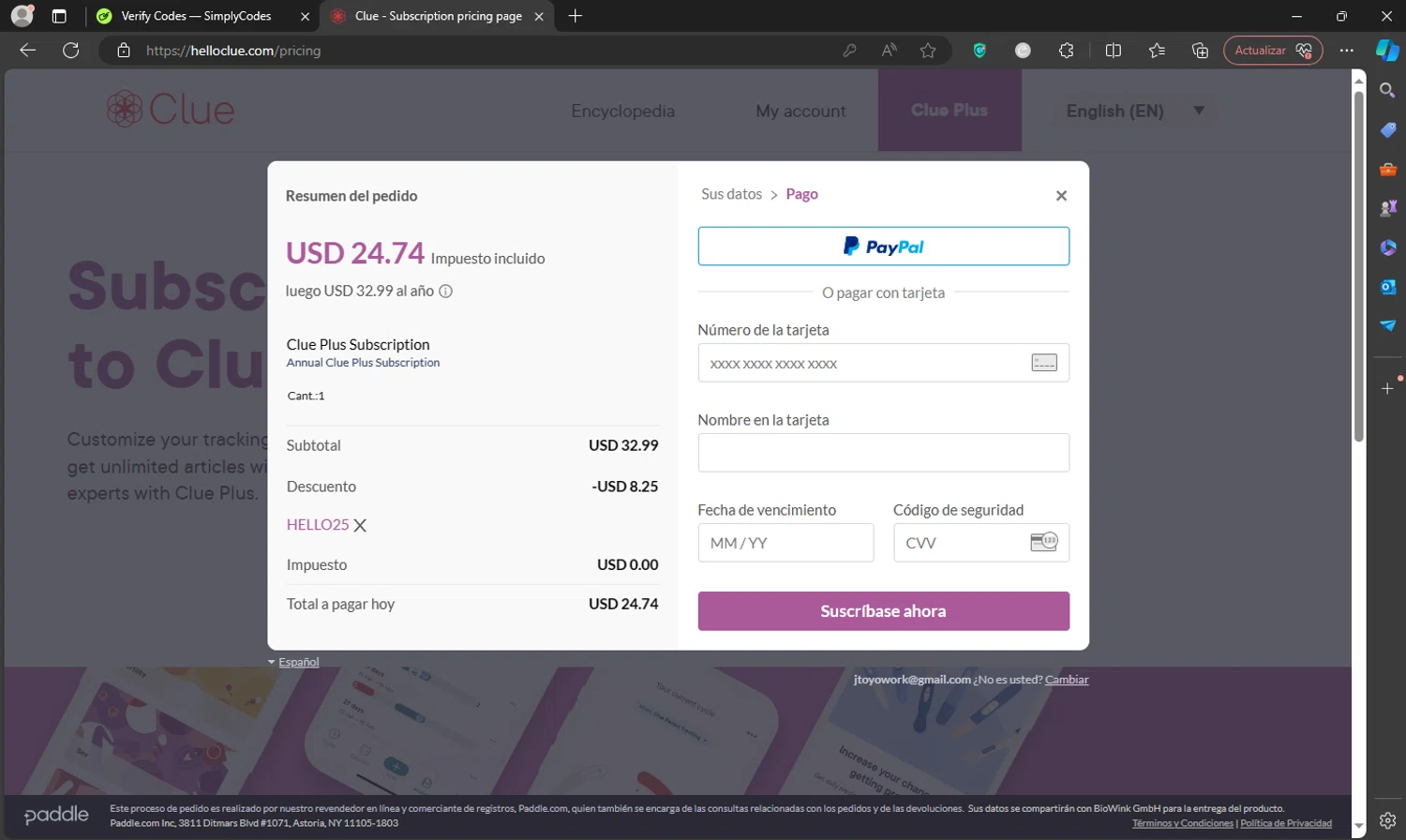 Clue Period checkout page showing Clue Period promo code box | Screenshot taken by SimplyCodes community member on May 19, 2024