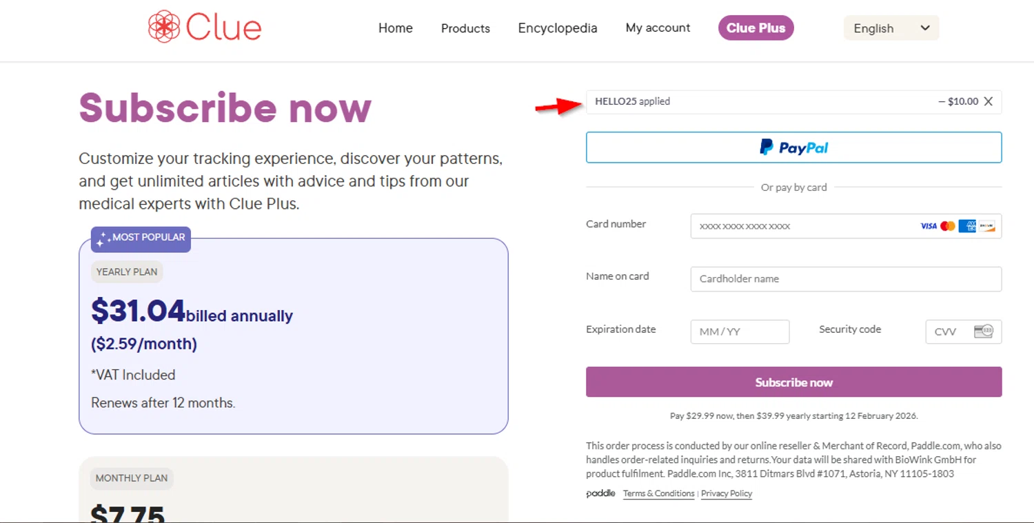 Clue Period promo code screenshot showing code HELLO25 applied at Clue Period checkout page. Uploaded by SimplyCodes community member SimplyCVerlie on Feb 12, 2025