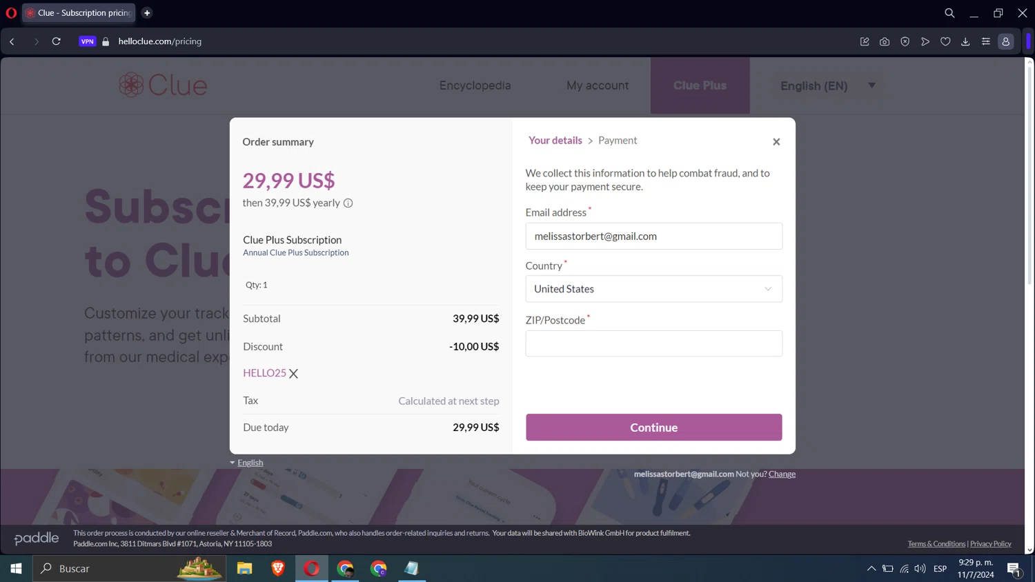 Clue Period checkout page showing Clue Period promo code box | Screenshot taken by SimplyCodes community member on Jul 12, 2024