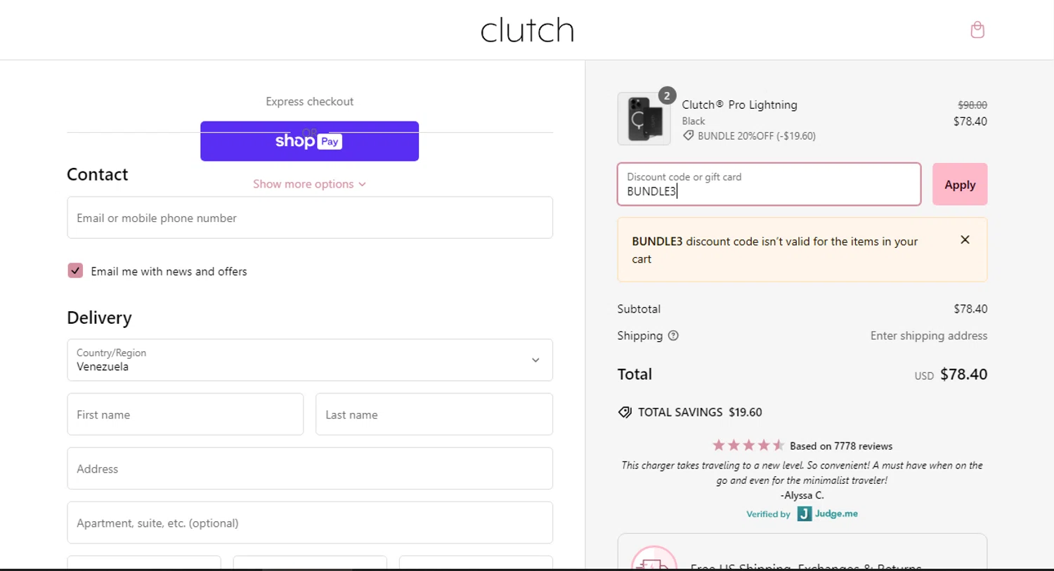 Clutch Charger discount code screenshot showing code BUNDLE3 applied at Clutch Charger checkout page. Uploaded by SimplyCodes community member Omega77 on Jan 22, 2025