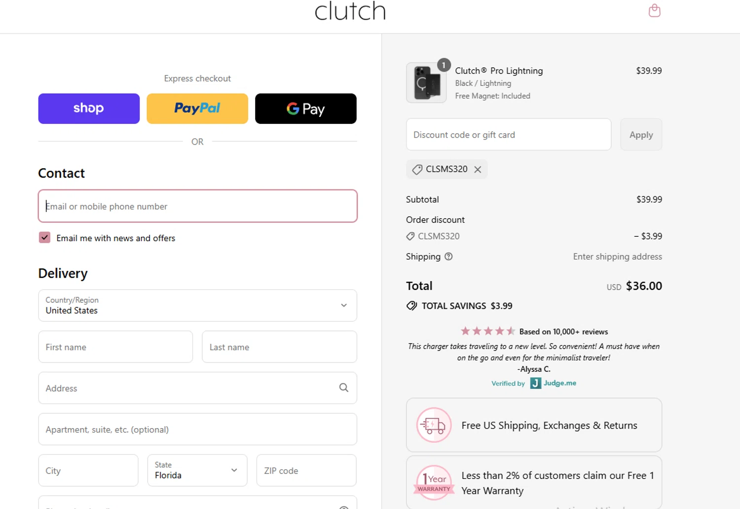 Clutch Charger discount code screenshot showing code CLSMS320 applied at Clutch Charger checkout page. Uploaded by SimplyCodes community member BargainPilot9399 on Sep 3, 2025