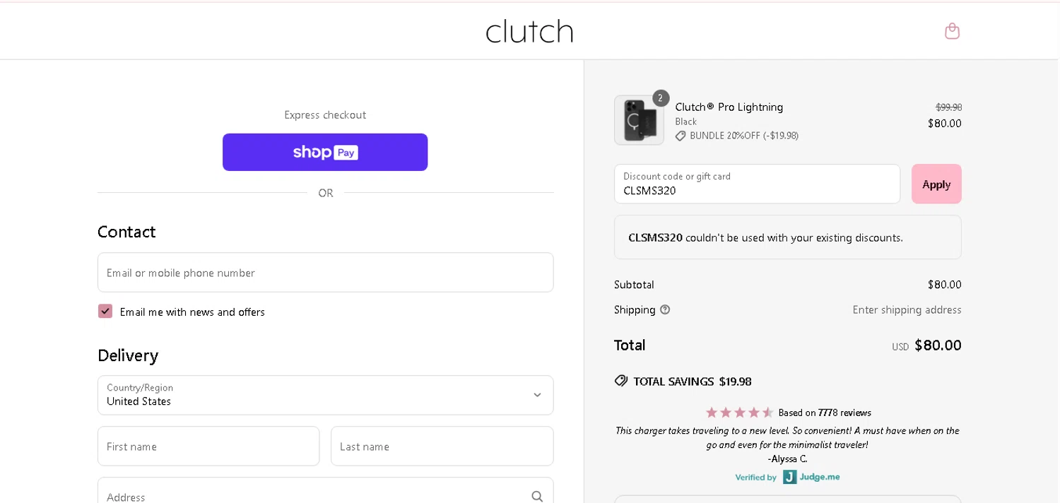 Clutch Charger discount code screenshot showing code CLSMS320 applied at Clutch Charger checkout page. Uploaded by SimplyCodes community member CashAce9852 on Jun 11, 2025