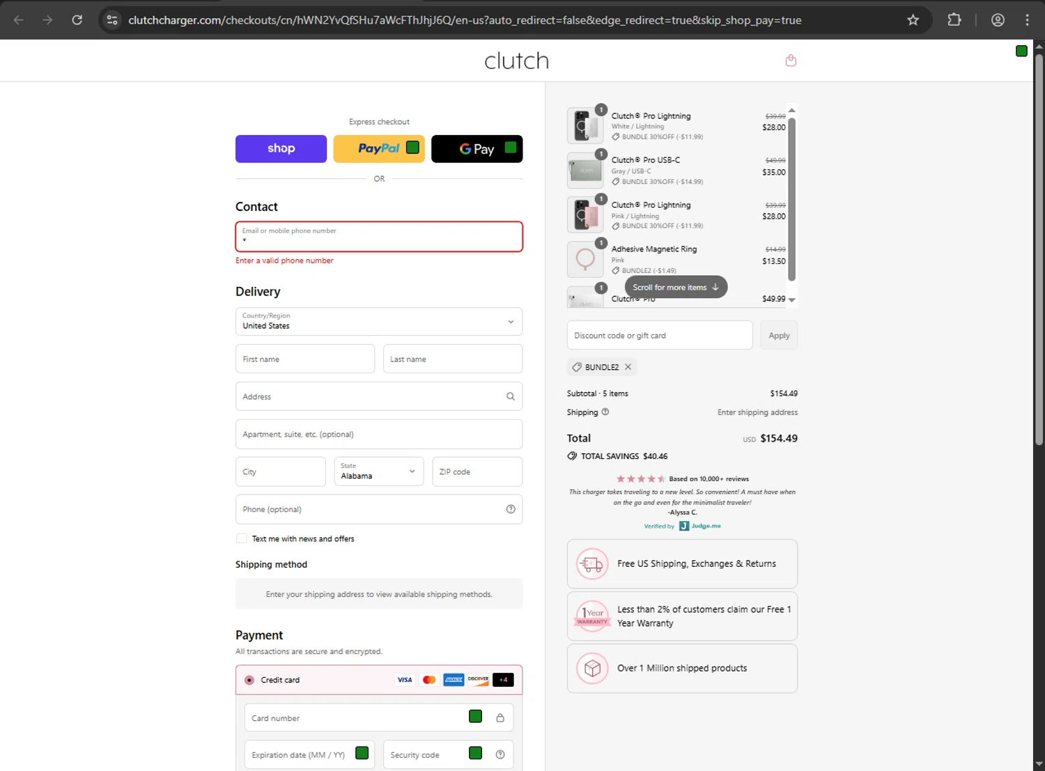 Clutch Charger discount code screenshot showing code BUNDLE2 applied at Clutch Charger checkout page. Uploaded by SimplyCodes community member Niideamrk on Sep 3, 2025