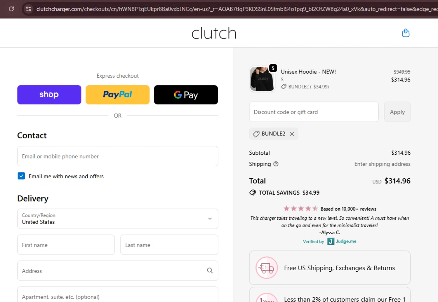 Clutch Charger checkout page showing Clutch Charger discount code box | Screenshot taken by SimplyCodes community member on Feb 4, 2026