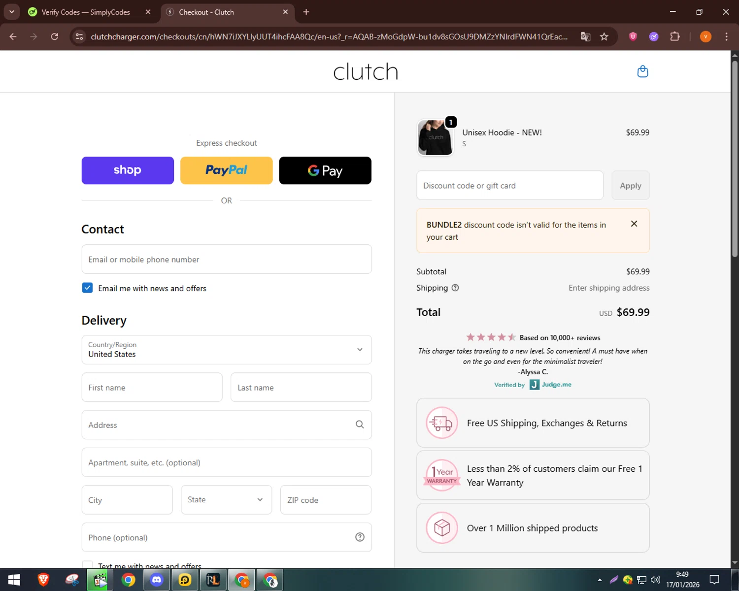 Clutch Charger discount code screenshot showing code BUNDLE2 applied at Clutch Charger checkout page. Uploaded by SimplyCodes community member bulbasaur69 on Jan 17, 2026