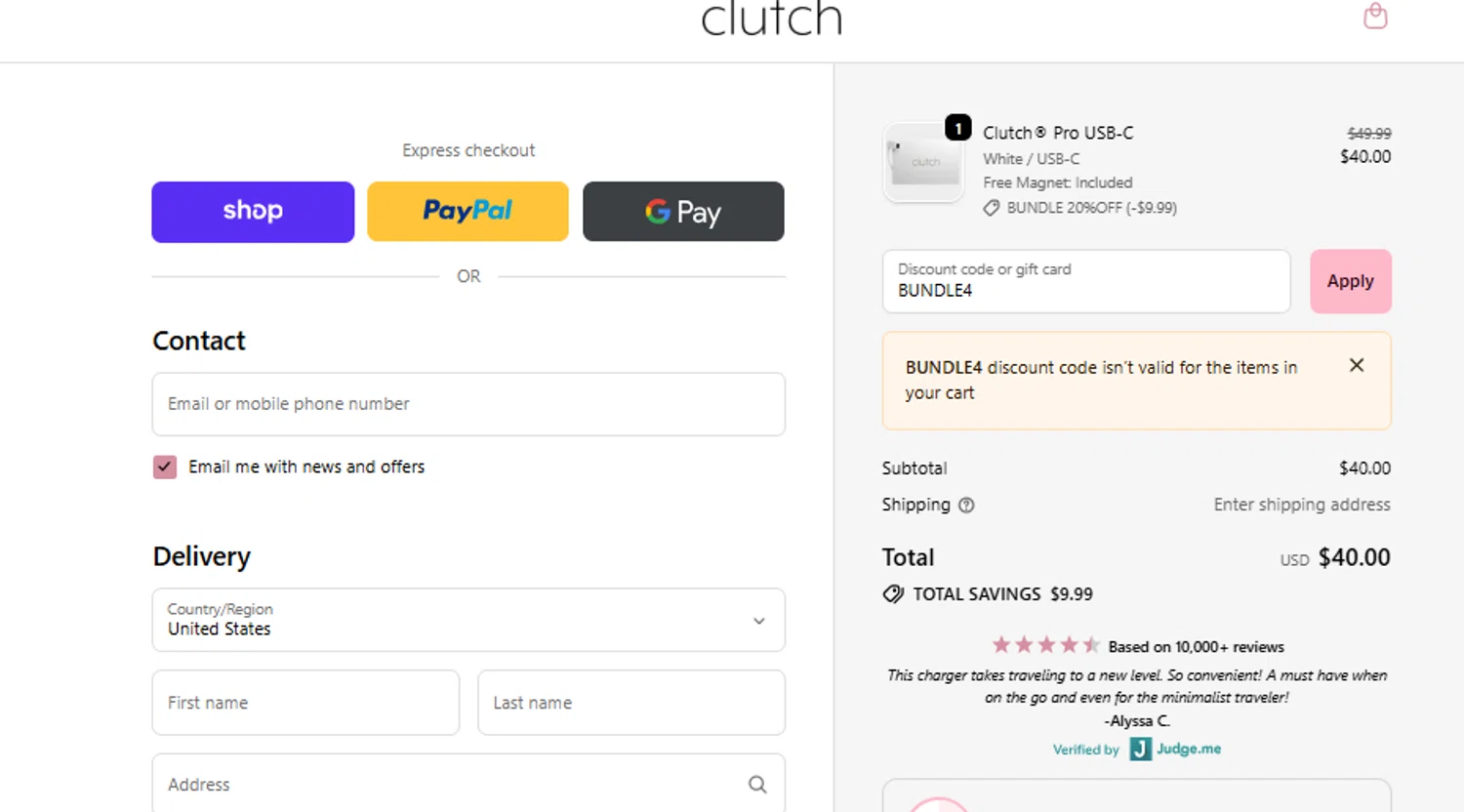 Clutch Charger discount code screenshot showing code BUNDLE4 applied at Clutch Charger checkout page. Uploaded by SimplyCodes community member ashe1986 on Nov 27, 2025