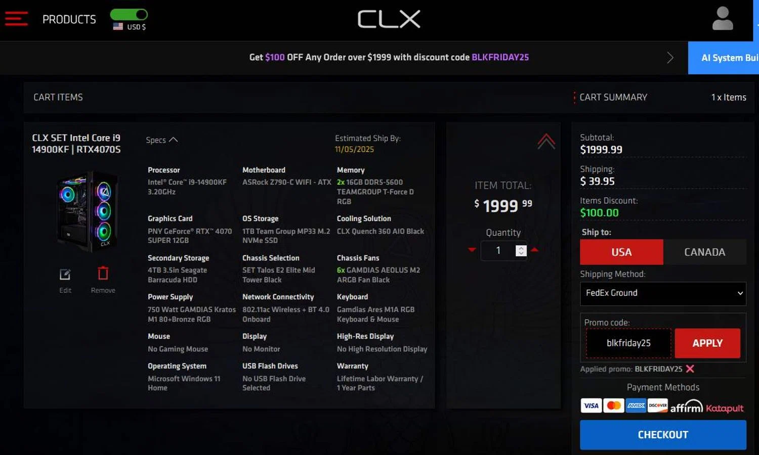 CLX Gaming promo code screenshot showing code blkfriday25 applied at CLX Gaming checkout page. Uploaded by SimplyCodes community member stygian1 on Nov 1, 2025