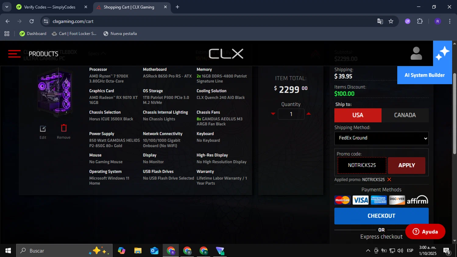 CLX Gaming checkout page showing CLX Gaming promo code box | Screenshot taken by SimplyCodes community member on Oct 1, 2025