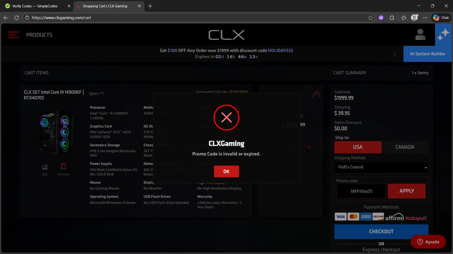 CLX Gaming promo code screenshot showing code blkfriday25 applied at CLX Gaming checkout page. Uploaded by SimplyCodes community member MightyHunter5940 on Dec 29, 2025