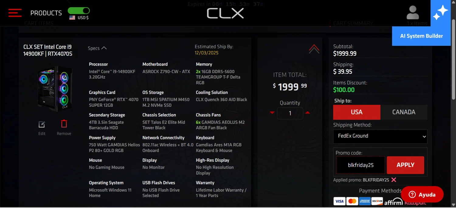 CLX Gaming promo code screenshot showing code blkfriday25 applied at CLX Gaming checkout page. Uploaded by SimplyCodes community member Sebastiangil on Nov 30, 2025