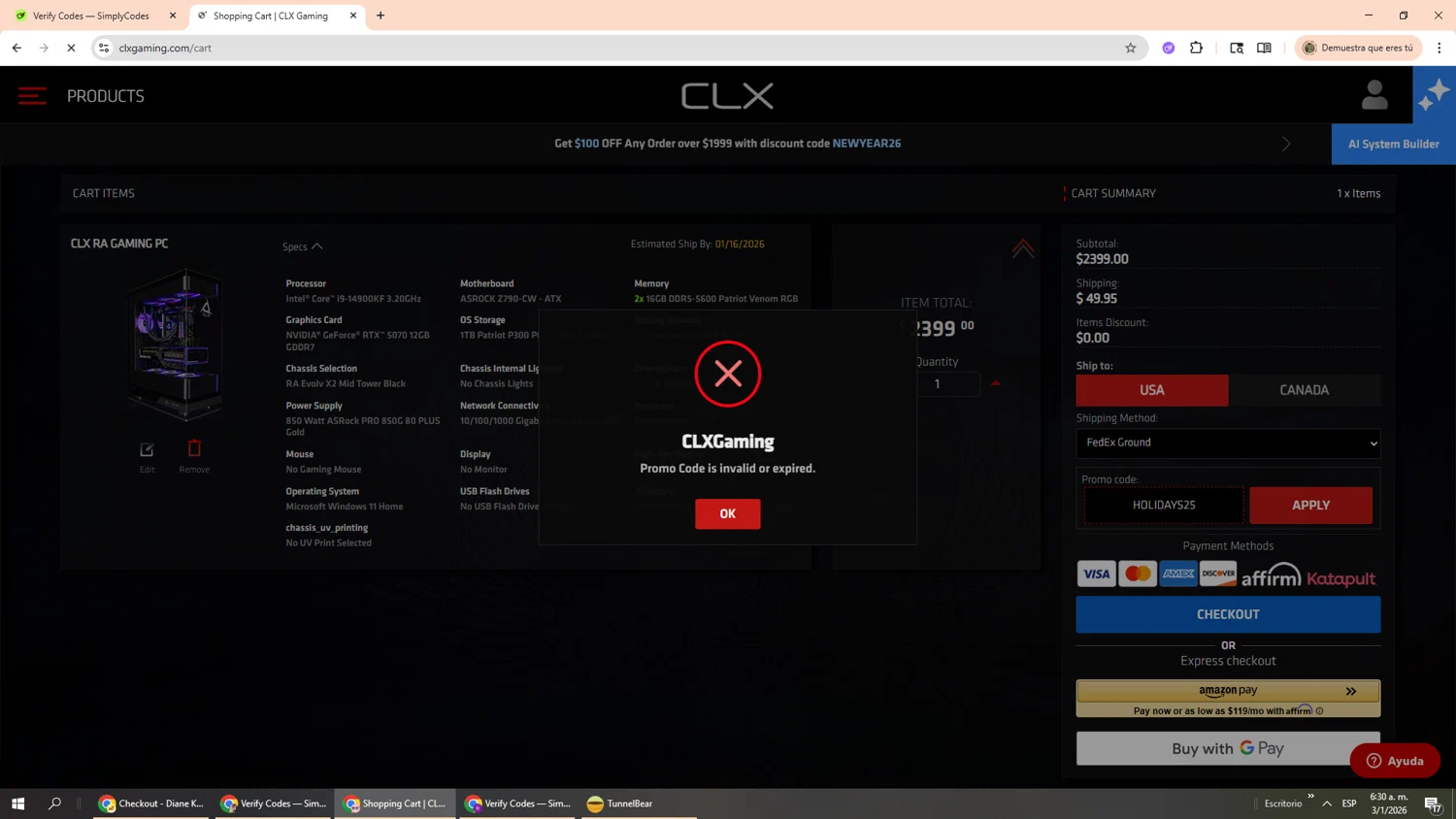 CLX Gaming promo code screenshot showing code HOLIDAYS25 applied at CLX Gaming checkout page. Uploaded by SimplyCodes community member Phoenix585 on Jan 3, 2026