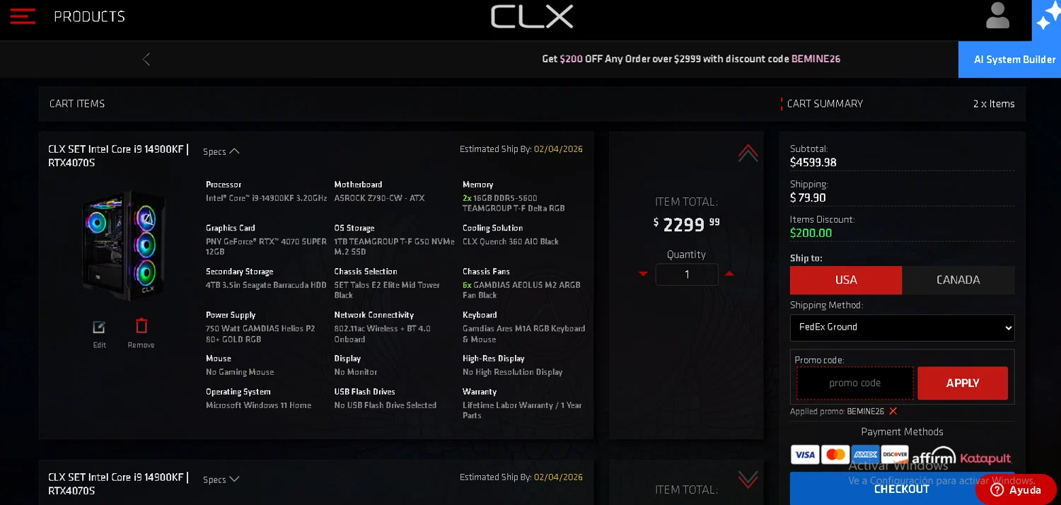 CLX Gaming checkout page showing CLX Gaming promo code box | Screenshot taken by SimplyCodes community member on Feb 1, 2026
