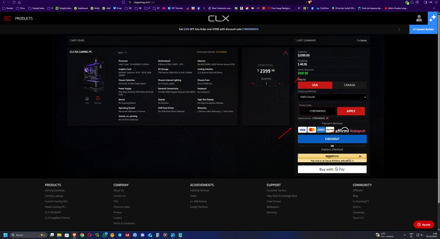 CLX Gaming promo code screenshot showing code CYBERMON25 applied at CLX Gaming checkout page. Uploaded by SimplyCodes community member UnkNownVnzla on Dec 1, 2025