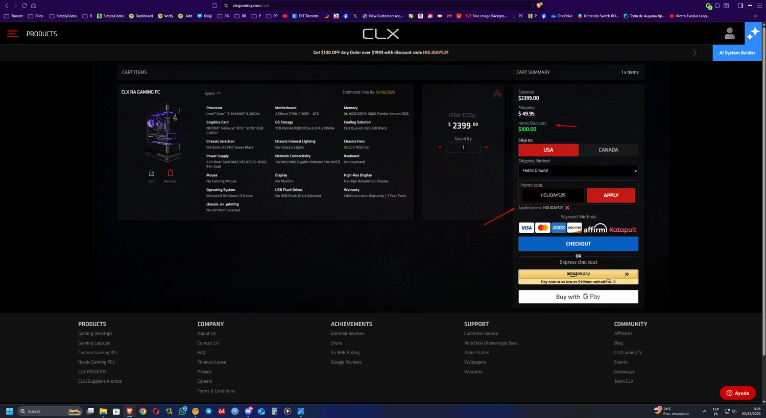 CLX Gaming promo code screenshot showing code HOLIDAYS25 applied at CLX Gaming checkout page. Uploaded by SimplyCodes community member UnkNownVnzla on Dec 5, 2025