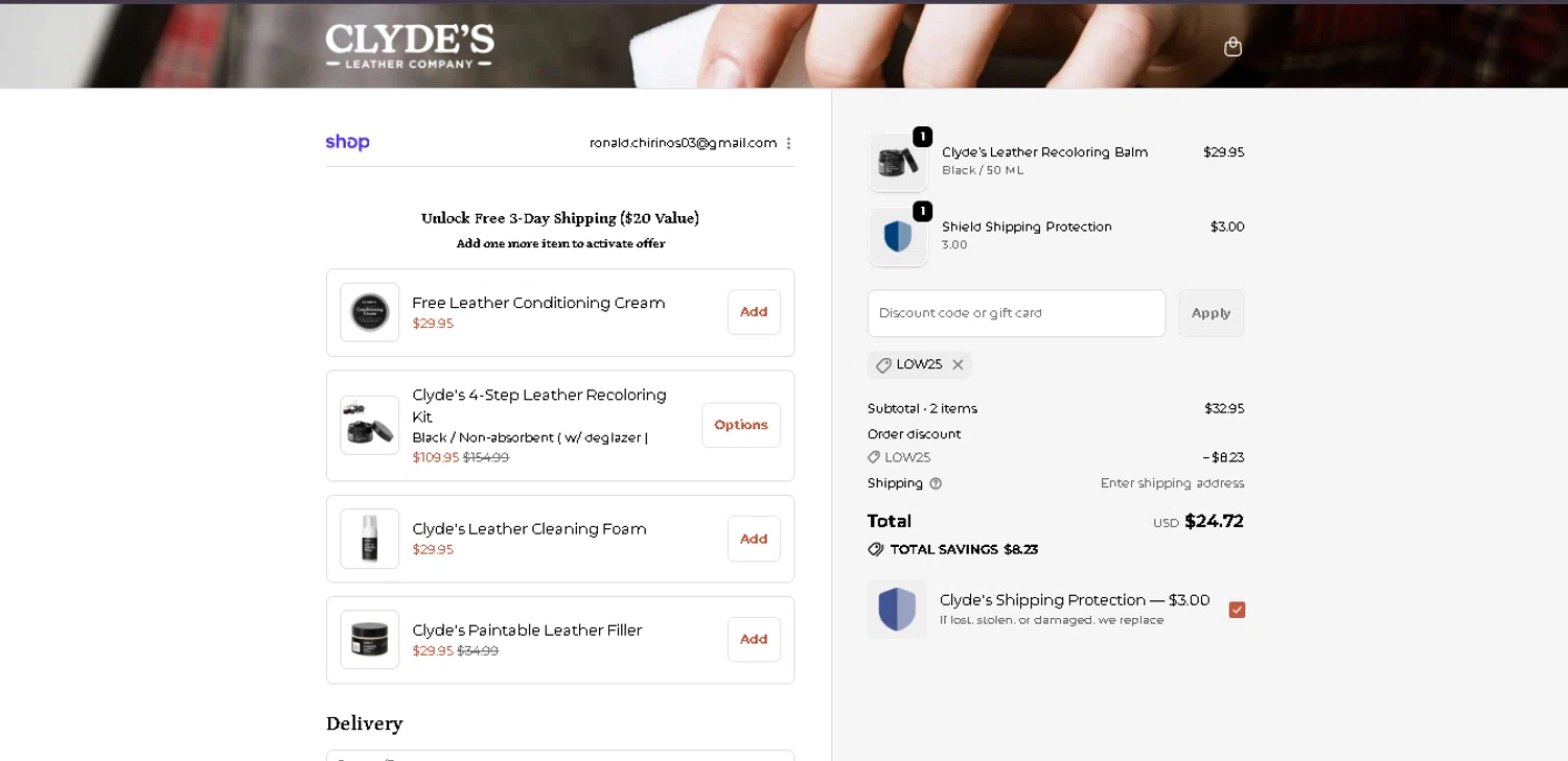 Clyde's Leather Company promo code screenshot showing code LOW25 applied at Clyde's Leather Company checkout page. Uploaded by SimplyCodes community member FortunateElite5130 on Dec 3, 2025