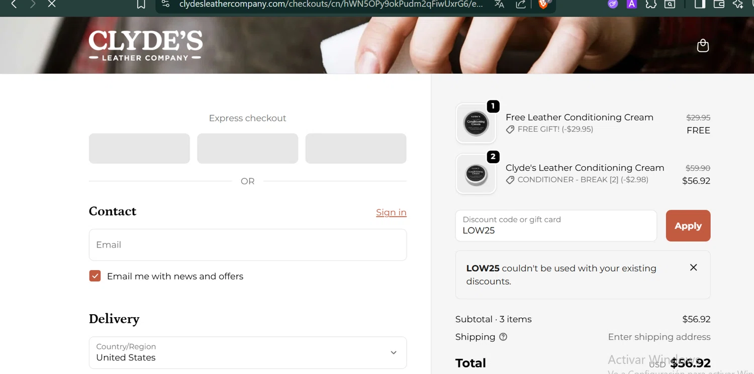 Clyde's Leather Company promo code screenshot showing code LOW25 applied at Clyde's Leather Company checkout page. Uploaded by SimplyCodes community member PennyCaptain4684 on Nov 17, 2025