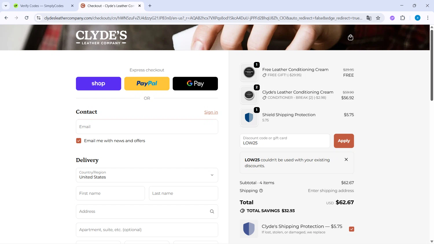 Clyde's Leather Company promo code screenshot showing code LOW25 applied at Clyde's Leather Company checkout page. Uploaded by SimplyCodes community member WiseHawk9255 on Dec 3, 2025