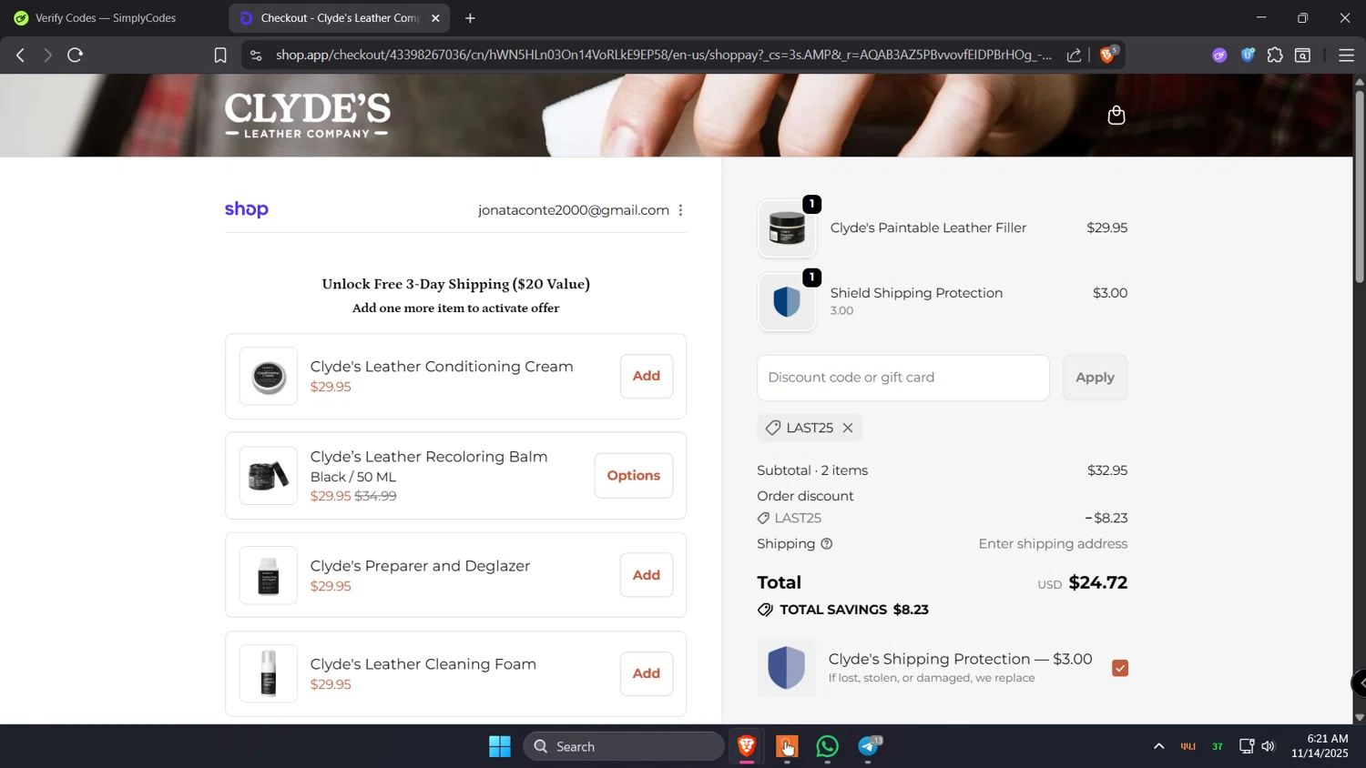Clyde's Leather Company promo code screenshot showing code LAST25 applied at Clyde's Leather Company checkout page. Uploaded by SimplyCodes community member Holadiablo on Nov 14, 2025