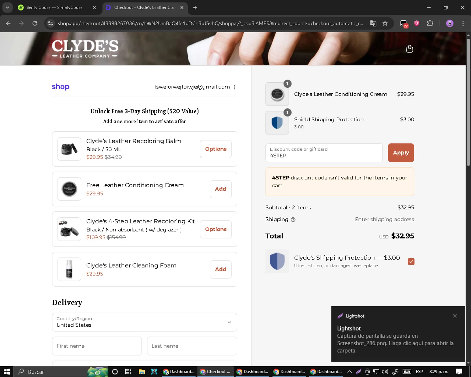 Clyde's Leather Company promo code screenshot showing code 4STEP applied at Clyde's Leather Company checkout page. Uploaded by SimplyCodes community member PromoScout8746 on Sep 2, 2025