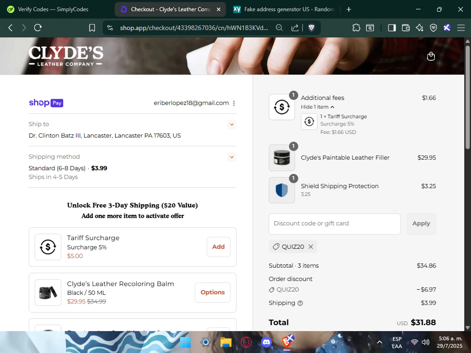 Clyde's Leather Company promo code screenshot showing code quiz20 applied at Clyde's Leather Company checkout page. Uploaded by SimplyCodes community member Mafer69 on Jul 29, 2025