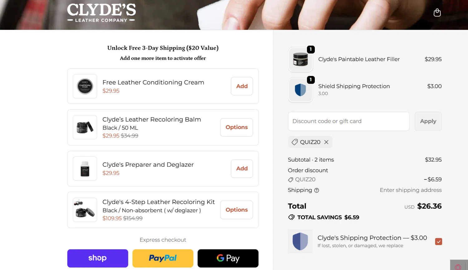 Clyde's Leather Company promo code screenshot showing code quiz20 applied at Clyde's Leather Company checkout page. Uploaded by SimplyCodes community member Selesbarbera24 on Dec 14, 2025