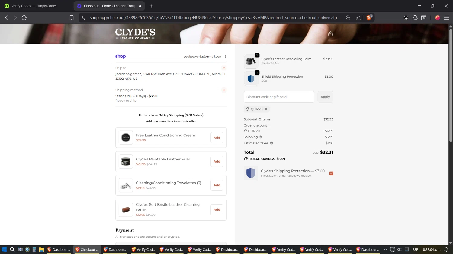 Clyde's Leather Company promo code screenshot showing code quiz20 applied at Clyde's Leather Company checkout page. Uploaded by SimplyCodes community member verifier_983798000 on Oct 1, 2025